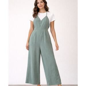Entro Sage Green Wide Leg Jumpsuit Small V-Neck Flowy Minimalist Trendy